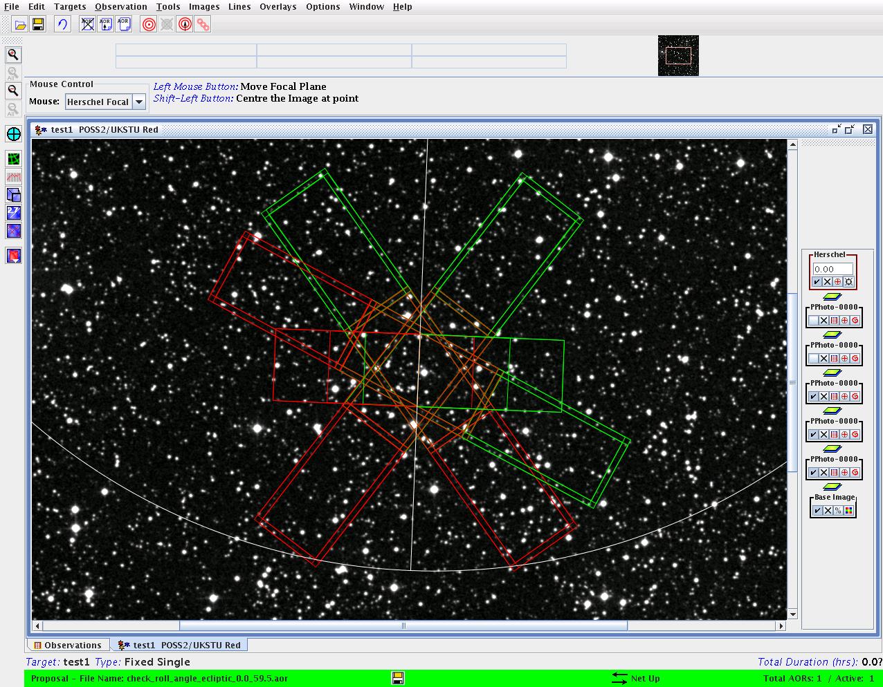 An illustrative example. The position angle variation for PACS for an object at an ecliptic latitude of 59.5 degrees, close to the point of permanent visibility. The horizontal position is PA=000 degrees. The plotted positions of the PACS imaging detectors are for a hypothetical case with 2008 March 31st (start of visibility window) PA=127.4 degrees, 2008 June 15th (mid-window) PA=054.6 degrees, 2008 September 10th (end of visibility window) PA=333.7 degrees. The situation is effectively identical for other dates.