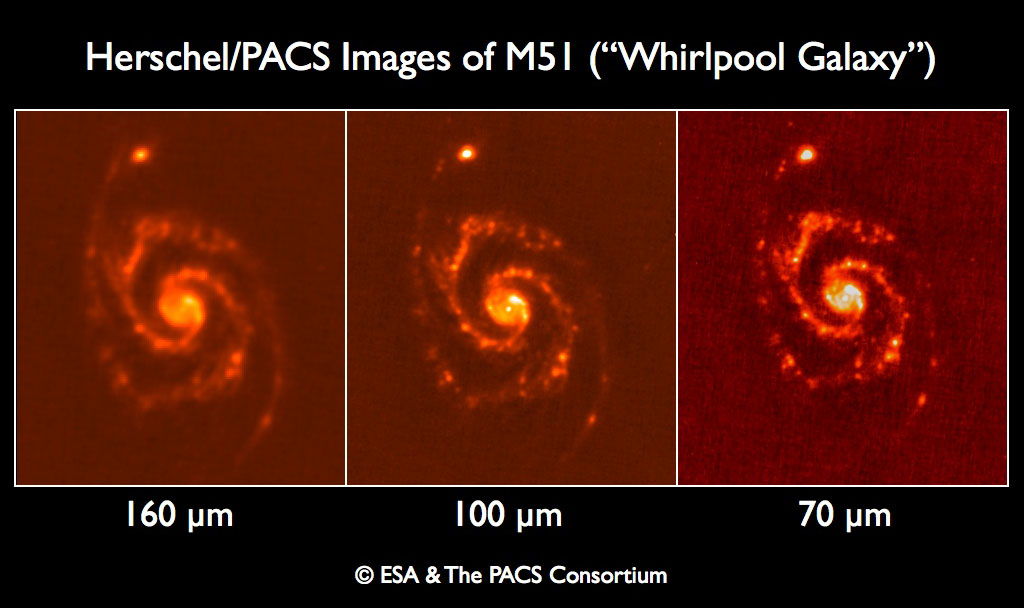 The Sneak Preview images of M51 in the three PACS bands, taken blind after cryocover opening.