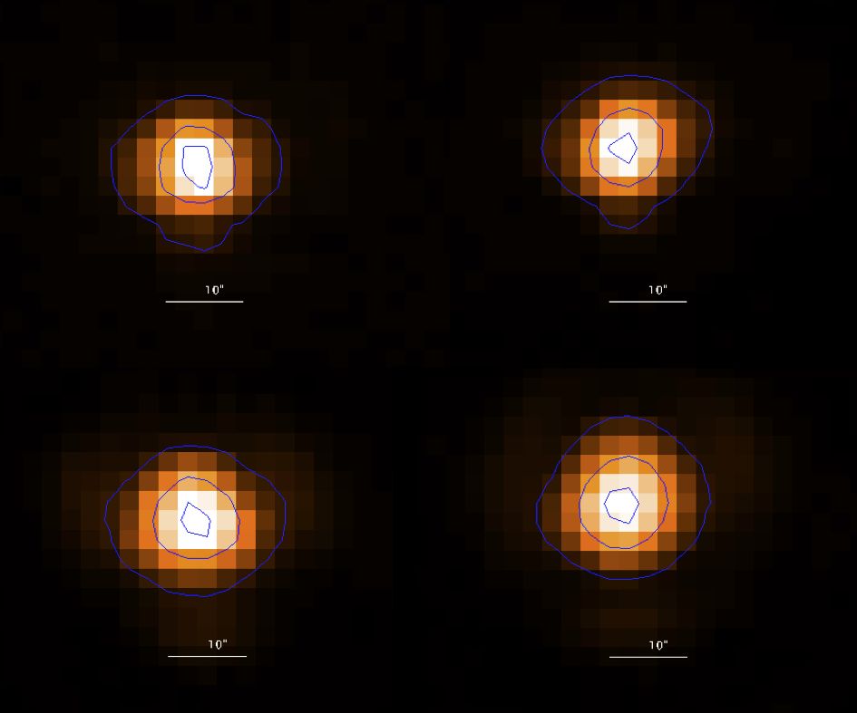 PACS spectrometer beam efficiency as measured from raster maps on Neptune. From top left, to bottom right: 62 µm, 75 µm, 125 µm, 150 µm. The contours indicate 10%, 50% and 90% of the peak response.