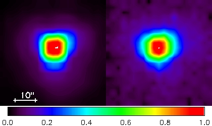 Calculated spectrometer PSF at 62 µm (left) and measurement on Neptune (right) done at the same wavelength. Both are normalised to the peak and scaled by square-root, to enhance the faint wing pattern. The calculation includes the predicted telescope wave-front error, which dominates the overall aberrations.
