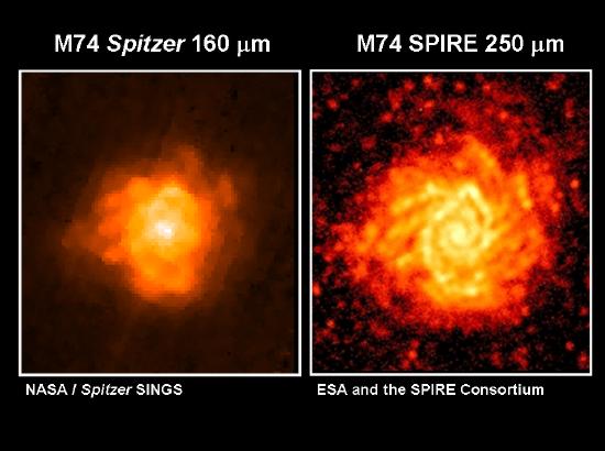Herschel/SPIRE 250µm and Spitzer/MIPS 160µm images of M74