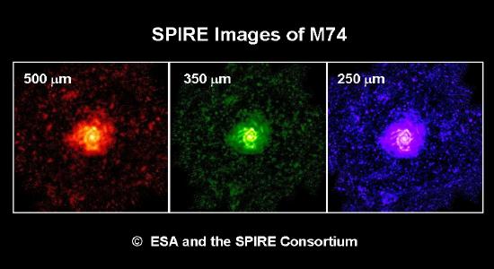 Herschel/SPIRE images of M74 at 500, 350 and 250 µm